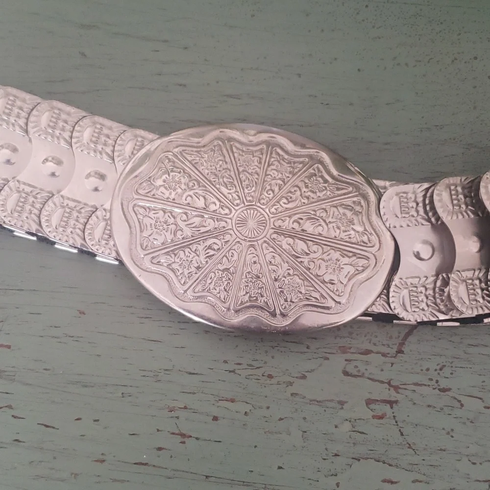 Vintage Silver Western Floral Accordian Chain Stretch Belt